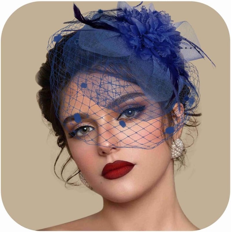 Masedy Fascinators Hats for Women Tea Party Hat Feather Mesh Headband Vintage Lace Cocktail Headwear Veil Hair Clip Church - Image 1